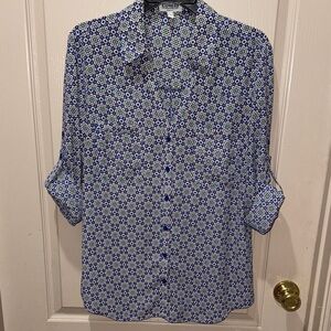 Express Portofino Blue and White Geometric Button-Down Shirt